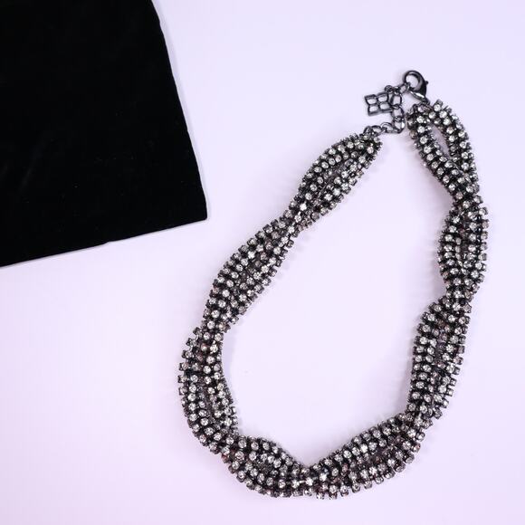 BCBGMAXAZRIA Twisted Chainmail Gunmetal Statement Necklace Prong Set CZ Stones - Picture 1 of 3
